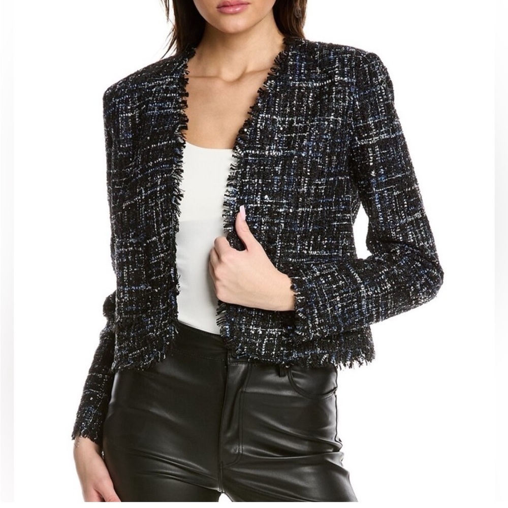 Bagatelle Tweed Sequin Women’s Open Jacket Black and Blue Size L